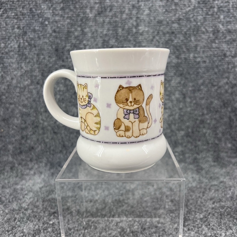 Vintage Cat Kitty Kitties With Lavender Bows & Flowers Cup Mug 10oz Country Cute
